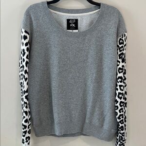 Fox Head Gray Pullover with Animal Print Sleeves Size M
